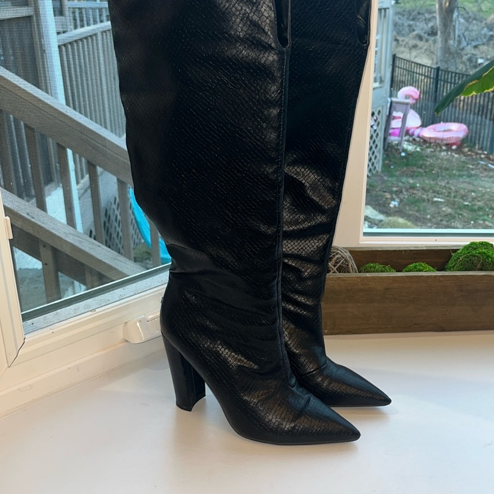 Slow black snake block heel knee high public desire boots